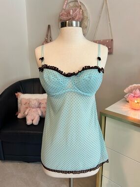 Vintage Y2K Women's Mint Polka Dot Lingerie Babydoll Slip with Black LaceTrim